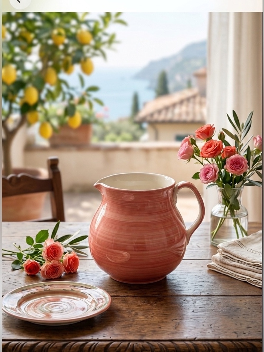 VTG Furio Italy Coral Pink Rose Stoneware Pitcher